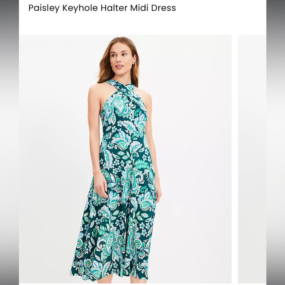 NWT LOFT Green and Blue Paisley Keyhole Midi Dress - Picture 3 of 9